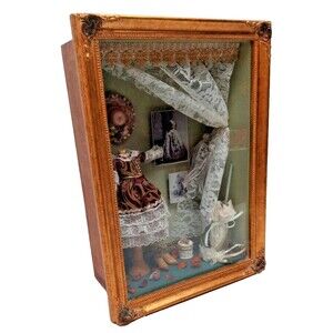 Vtg. 3D Shadow Box Victorian Fashion Diorama Room Decor 13 x 10 x 4"